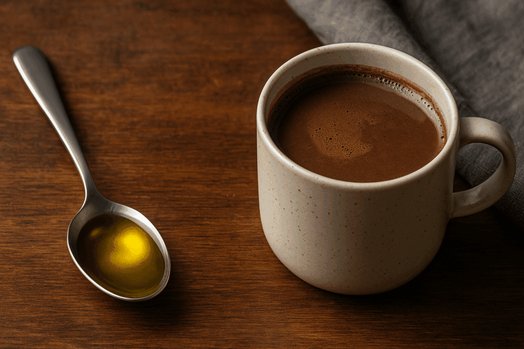 A tablespoon of golden EVOO next to a steaming mug of dark hot cocoa, set against a rustic kitchen backdrop—symbolizing daily longevity habits.