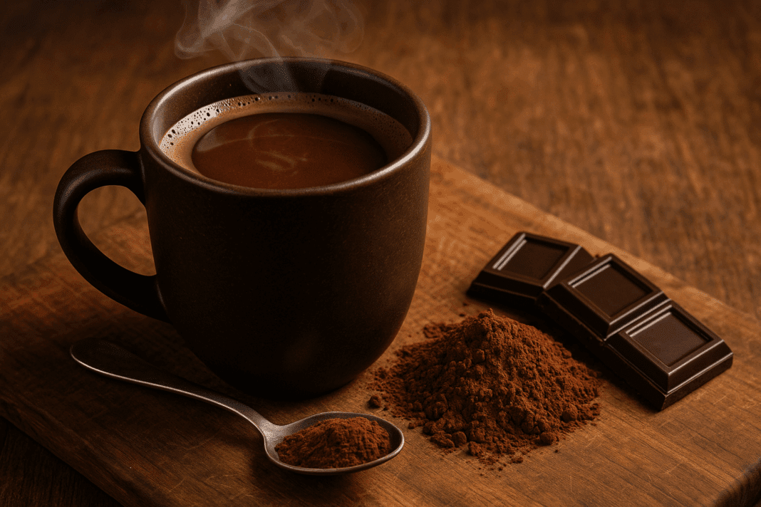 A steaming cup of dark hot cocoa next to raw cocoa powder, dark chocolate squares, and a spoon—symbolizing the health benefits of pure cocoa.