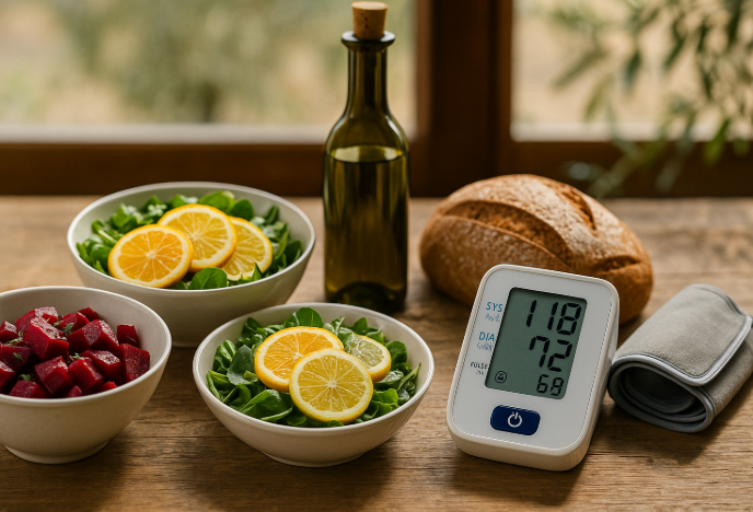 Wooden table with a Mediterranean spread—beetroot salad, citrus-topped leafy greens, crusty whole-grain bread, and a bottle of golden EVOO—next to a digital blood-pressure monitor displaying 118/72 mm Hg