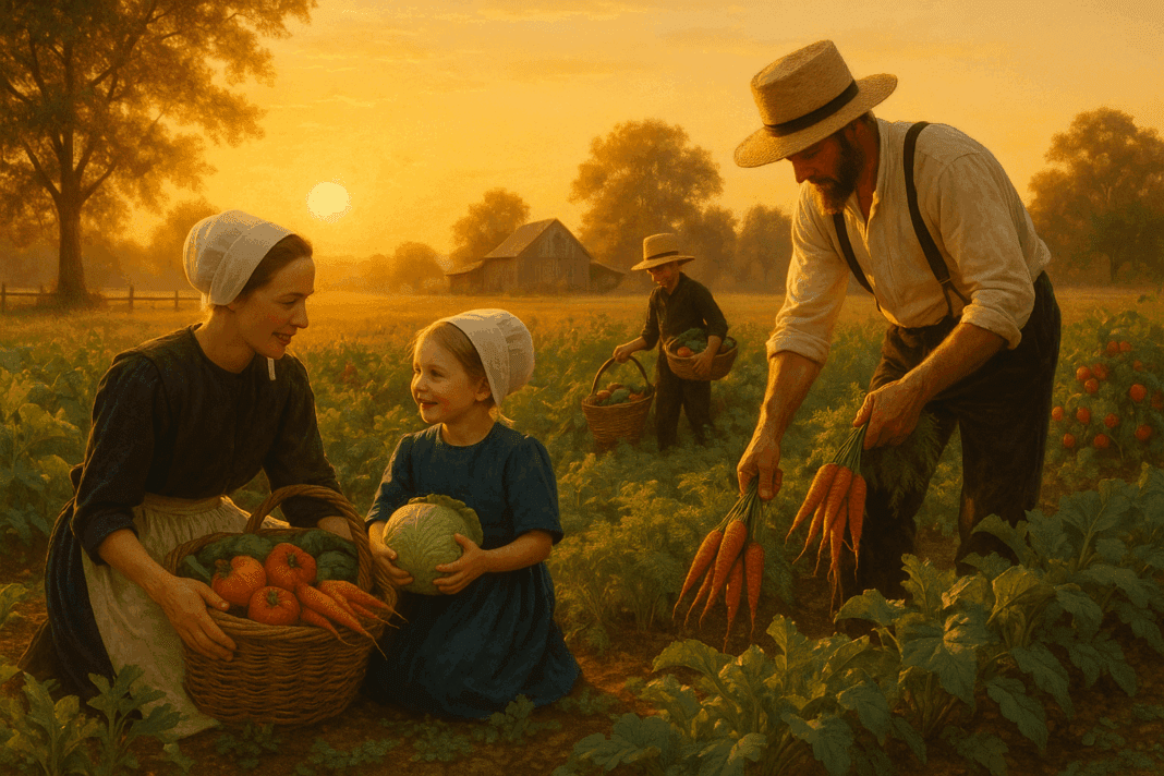 An Amish family harvesting vegetables from their garden at sunset, symbolizing a life rooted in natural food, physical labor, and wellbeing.